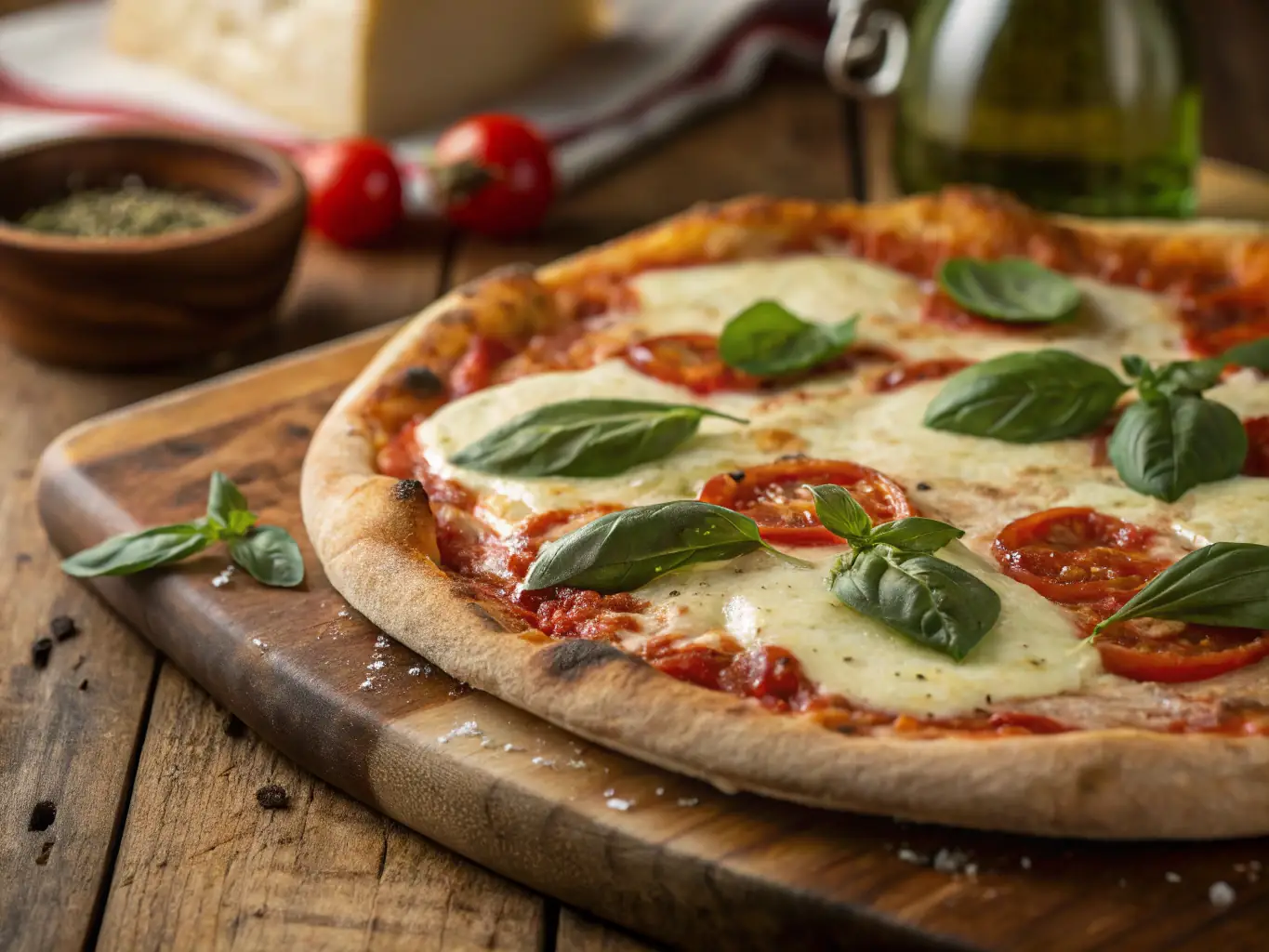 A close-up shot of a Margherita pizza with fresh basil leaves, ripe tomatoes, and melted mozzarella cheese on a thin, crispy crust, showcasing its simplicity and classic Italian flavors.
