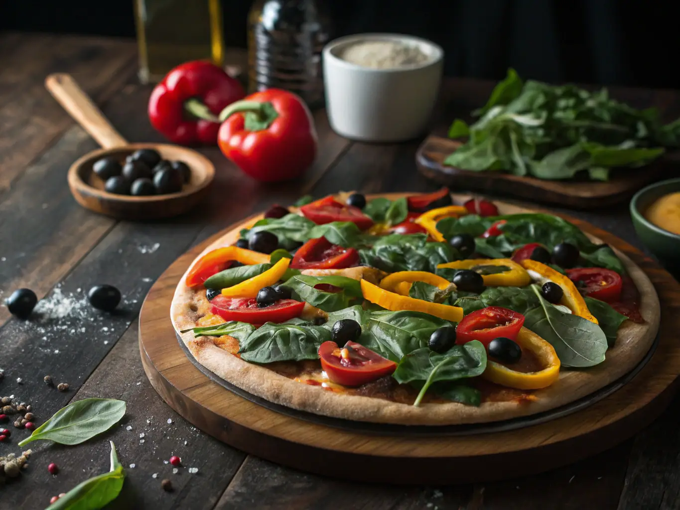 A colorful and appetizing vegetarian pizza topped with a medley of fresh vegetables such as bell peppers, mushrooms, onions, olives, and spinach, showcasing its healthy and flavorful appeal.