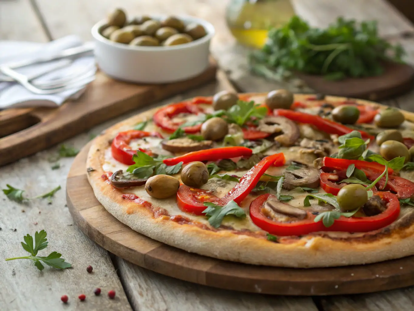 A colorful image of a Vegetarian pizza with a variety of fresh vegetables such as bell peppers, mushrooms, onions, and olives, showcasing its healthy and flavorful options.