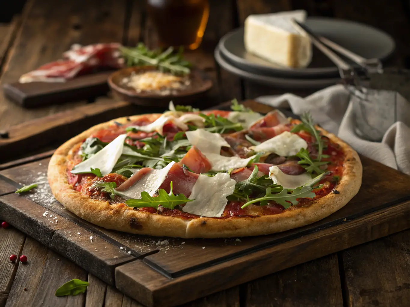 A beautifully arranged gourmet pizza with a variety of premium toppings such as artichoke hearts, prosciutto, roasted red peppers, and a drizzle of balsamic glaze, highlighting its sophisticated flavors and artisanal quality.