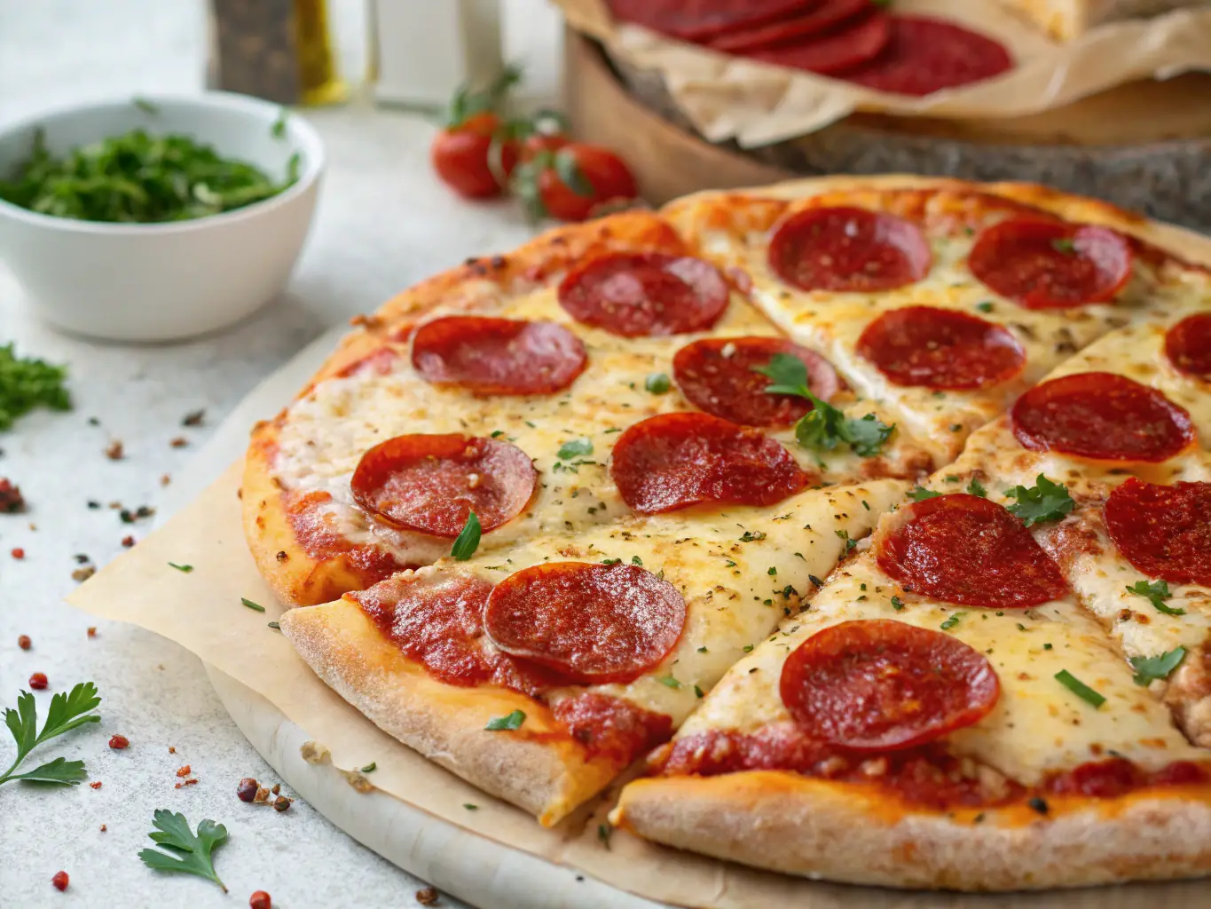 A vibrant image of a Pepperoni pizza with generous slices of pepperoni, melted cheese, and a slightly charred crust, highlighting its savory and satisfying appeal.