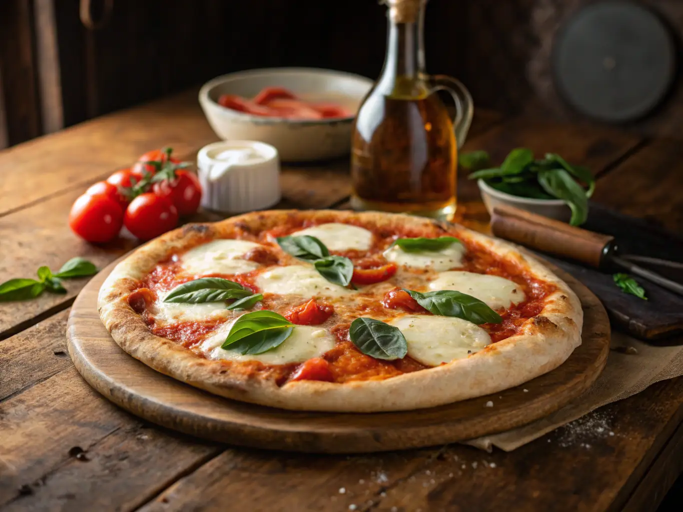 A vibrant, overhead shot of a classic Margherita pizza with fresh basil leaves, ripe tomatoes, and melted mozzarella cheese on a thin, crispy crust, showcasing its simplicity and authentic Italian flavors.